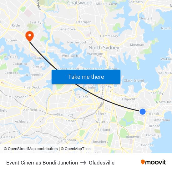 Event Cinemas Bondi Junction to Gladesville map