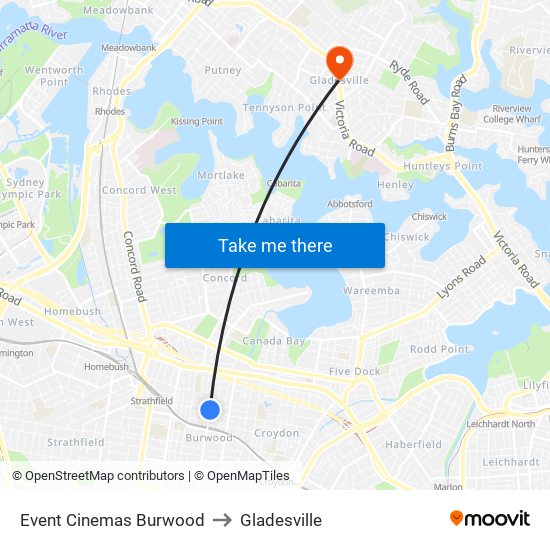 Event Cinemas Burwood to Gladesville map