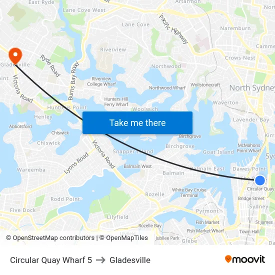 Circular Quay Wharf 5 to Gladesville map