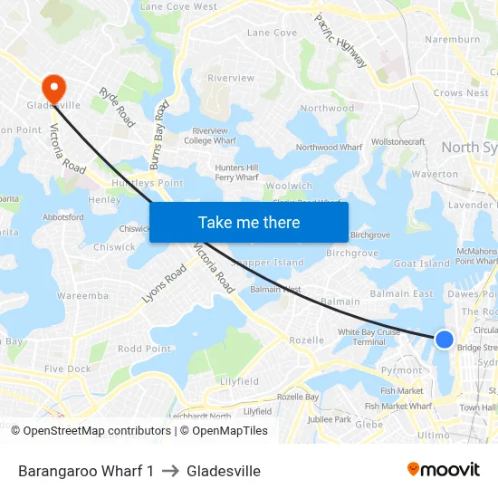 Barangaroo Wharf 1 to Gladesville map