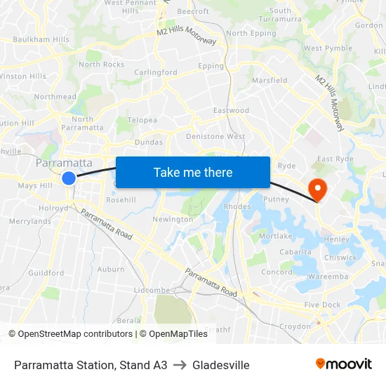 Parramatta Station, Stand A3 to Gladesville map