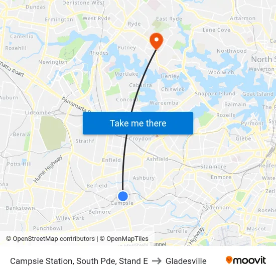 Campsie Station, South Pde, Stand E to Gladesville map
