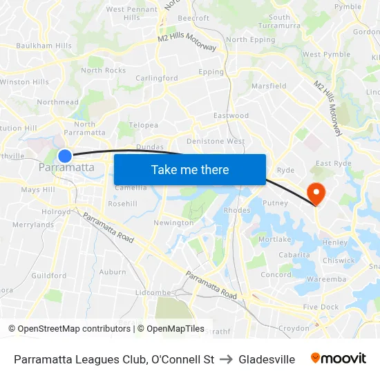 Parramatta Leagues Club, O'Connell St to Gladesville map