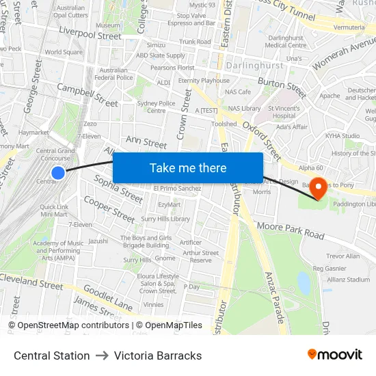 Central Station to Victoria Barracks map