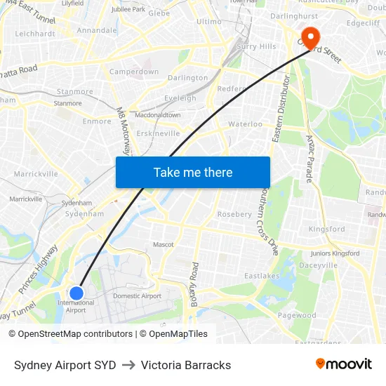 Sydney Airport SYD to Victoria Barracks map