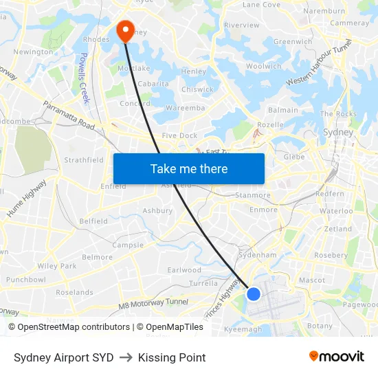Sydney Airport SYD to Kissing Point map