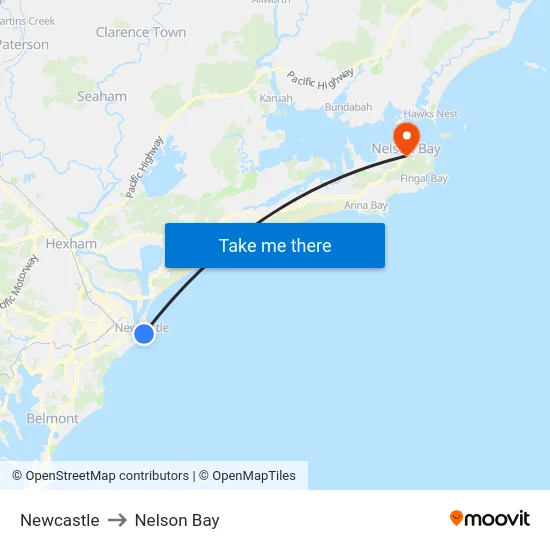 Newcastle to Nelson Bay map