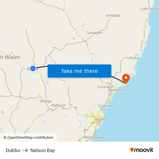 Dubbo to Nelson Bay map