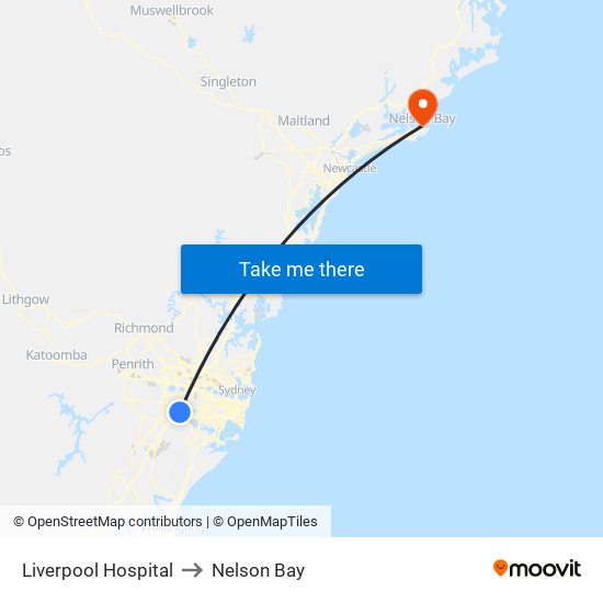 Liverpool Hospital to Nelson Bay map