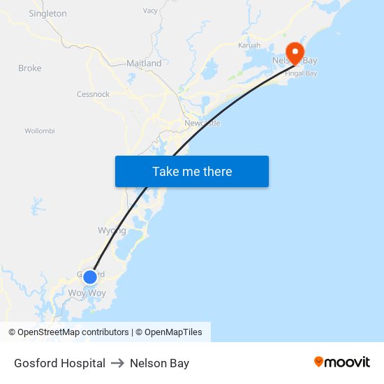 Gosford Hospital to Nelson Bay map