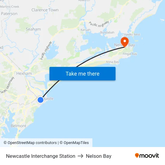 Newcastle Interchange Station to Nelson Bay map
