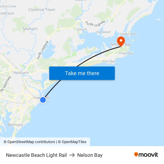 Newcastle Beach Light Rail to Nelson Bay map