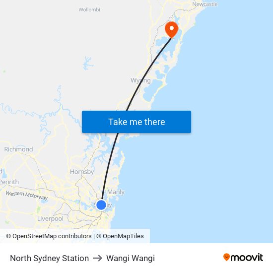 North Sydney Station to Wangi Wangi map