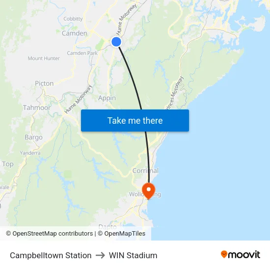 Campbelltown Station to WIN Stadium map