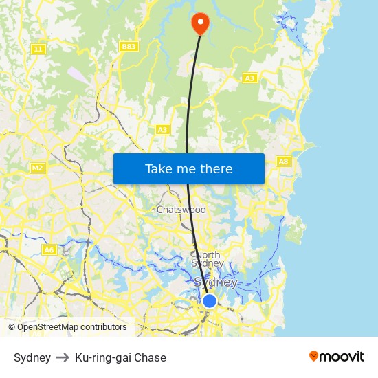 Sydney to Ku-ring-gai Chase map