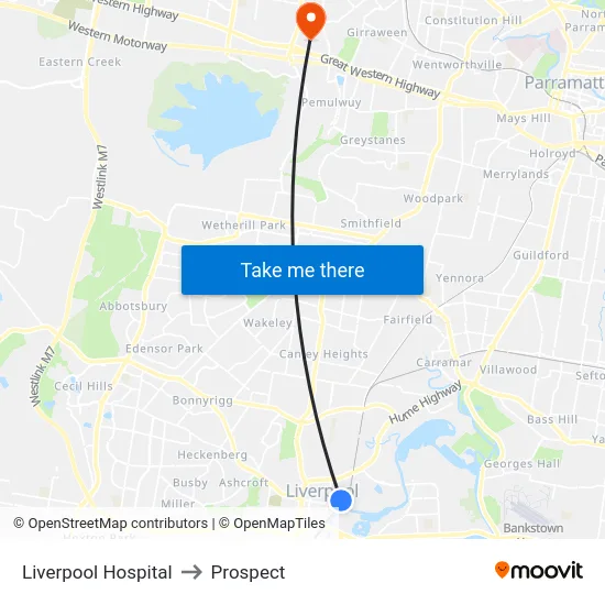 Liverpool Hospital to Prospect map