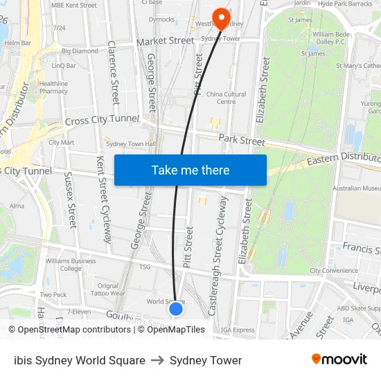 ibis Sydney World Square to Sydney Tower map