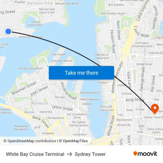 White Bay Cruise Terminal to Sydney Tower map