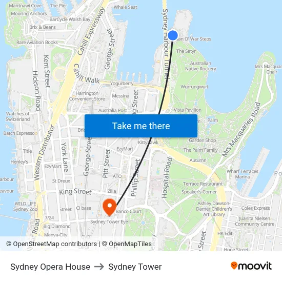 Sydney Opera House to Sydney Tower map