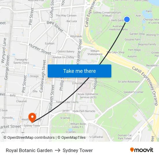 Royal Botanic Garden to Sydney Tower map