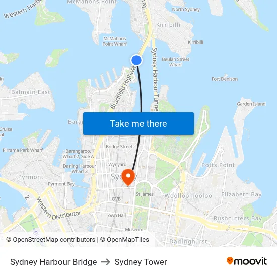 Sydney Harbour Bridge to Sydney Tower map