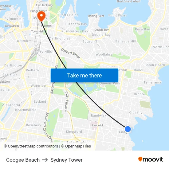 Coogee Beach to Sydney Tower map