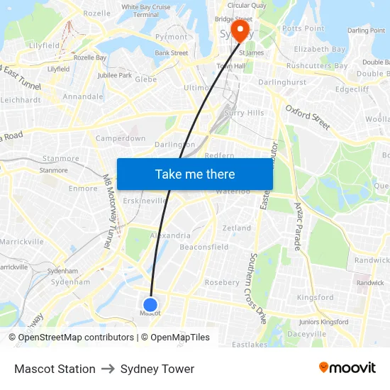 Mascot Station to Sydney Tower map