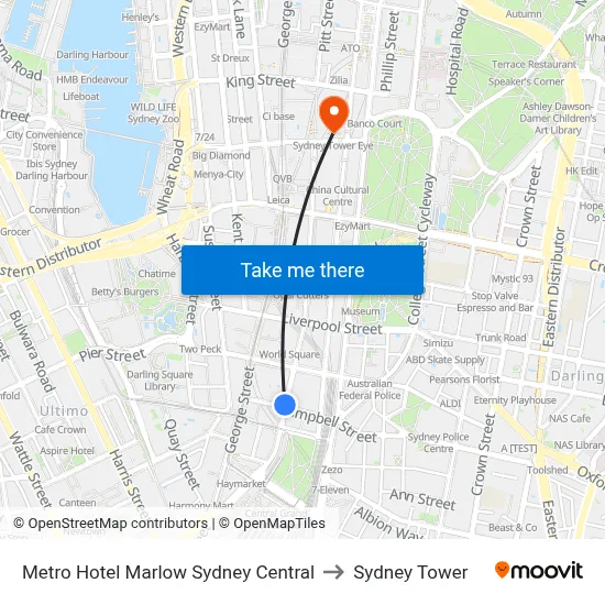 Metro Hotel Marlow Sydney Central to Sydney Tower map