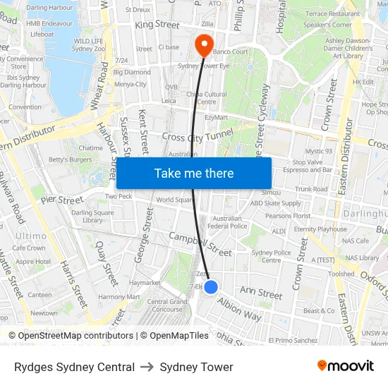 Rydges Sydney Central to Sydney Tower map
