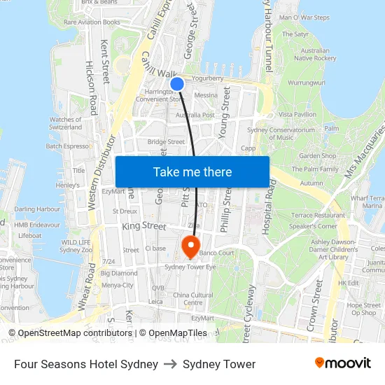 Four Seasons Hotel Sydney to Sydney Tower map