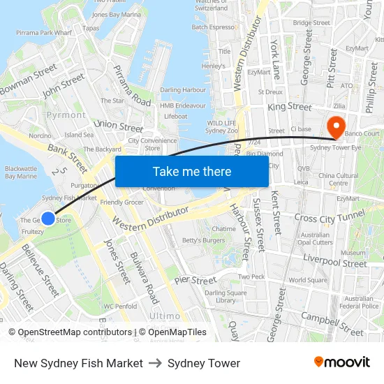 New Sydney Fish Market to Sydney Tower map