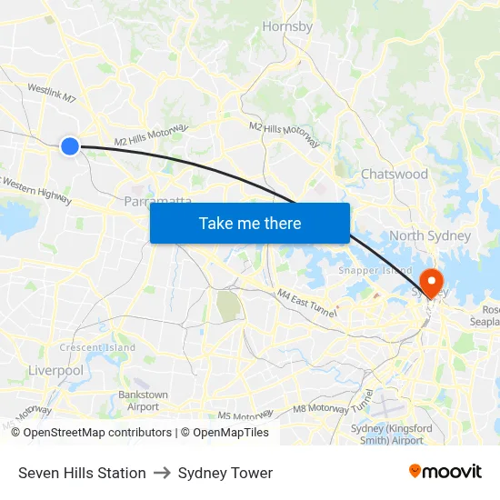 Seven Hills Station to Sydney Tower map