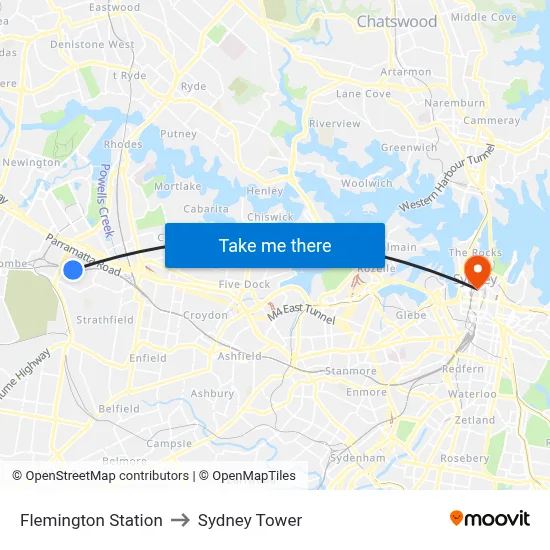 Flemington Station to Sydney Tower map