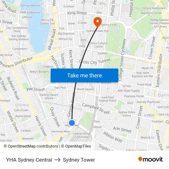 YHA Sydney Central to Sydney Tower map