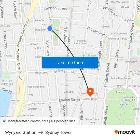 Wynyard Station to Sydney Tower map