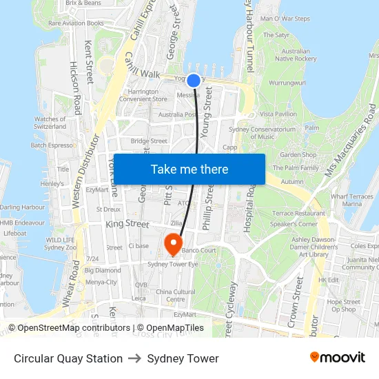 Circular Quay Station to Sydney Tower map