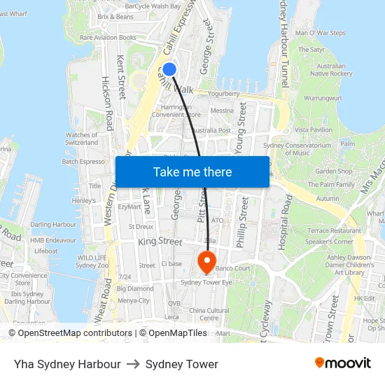 Yha Sydney Harbour to Sydney Tower map