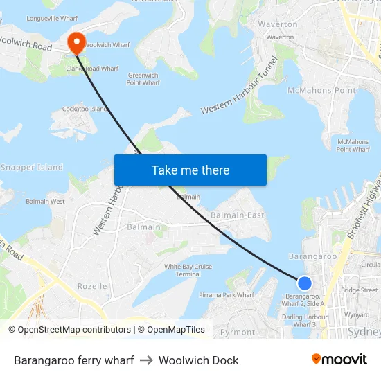 Barangaroo ferry wharf to Woolwich Dock map