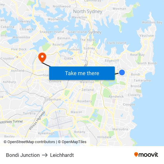 Bondi Junction to Leichhardt map