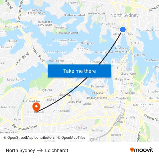 North Sydney to Leichhardt map