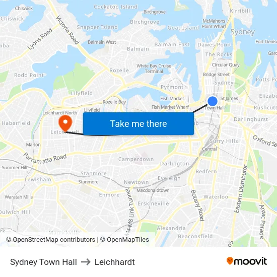 Sydney Town Hall to Leichhardt map