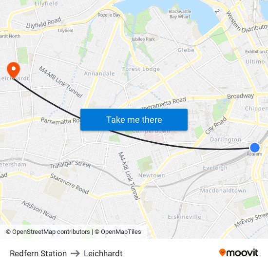 Redfern Station to Leichhardt map