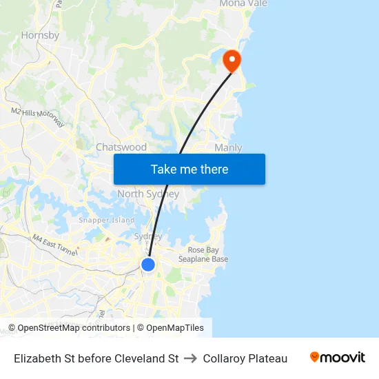Elizabeth St before Cleveland St to Collaroy Plateau map