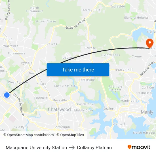 Macquarie University Station to Collaroy Plateau map