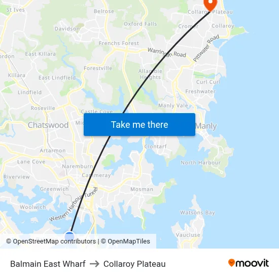 Balmain East Wharf to Collaroy Plateau map