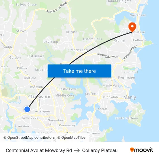 Centennial Ave at Mowbray Rd to Collaroy Plateau map