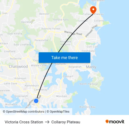 Victoria Cross Station to Collaroy Plateau map