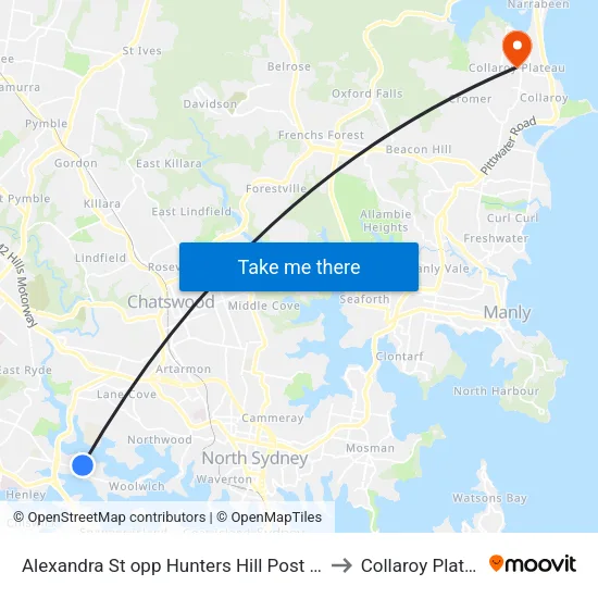 Alexandra St opp Hunters Hill Post Office to Collaroy Plateau map