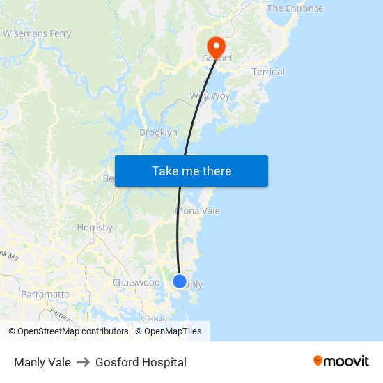 Manly Vale to Gosford Hospital map