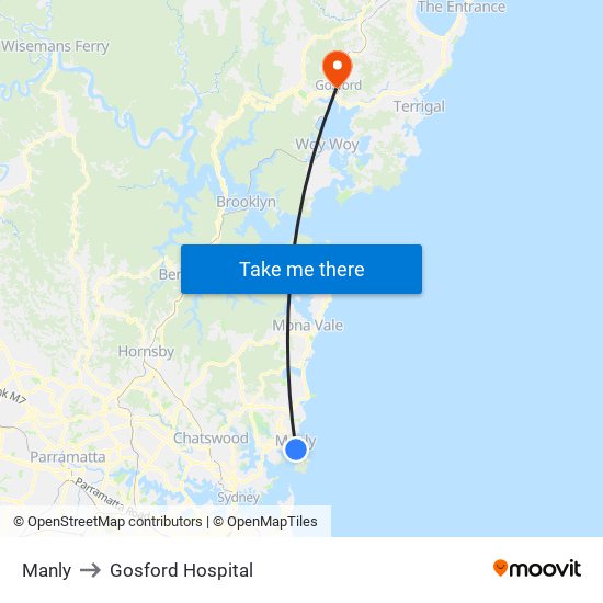 Manly to Gosford Hospital map